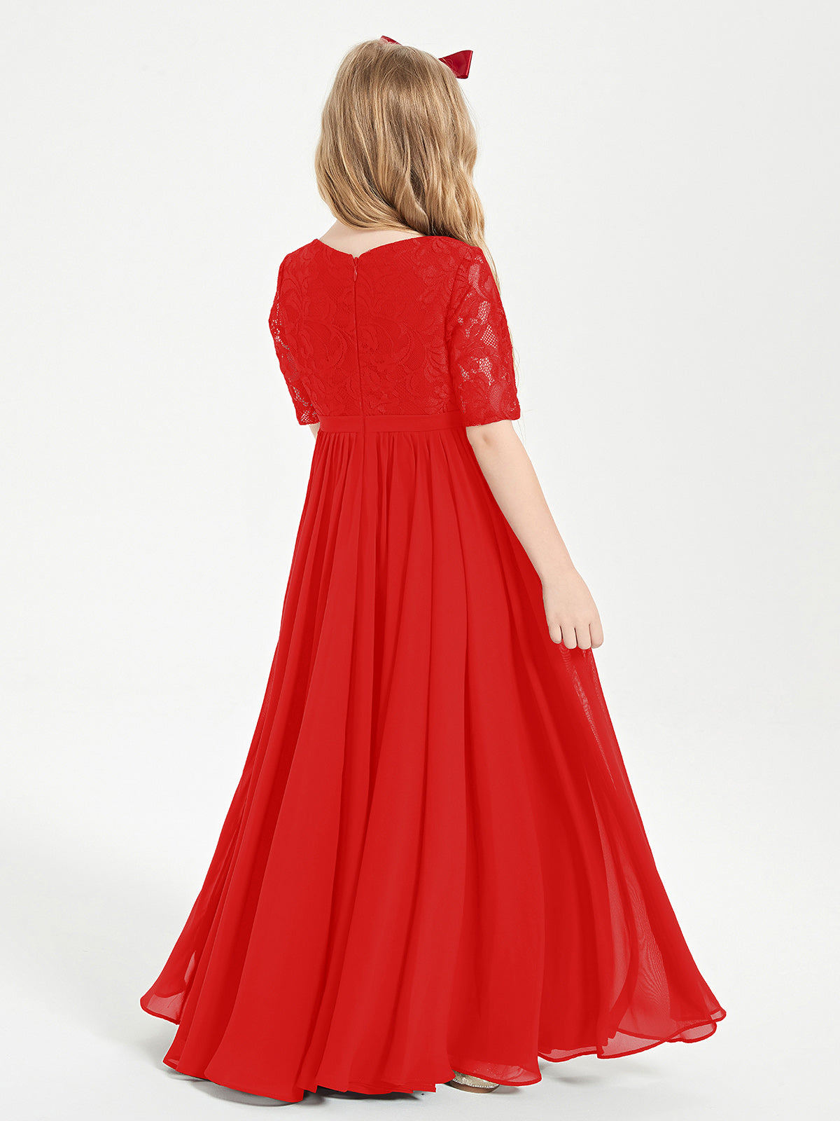 Lace Top Half Sleeved Junior Bridesmaids Dresses Red